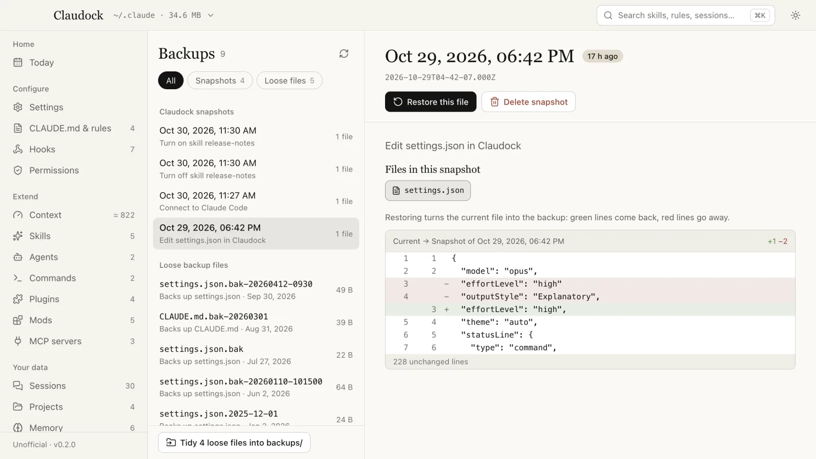 Backups: a snapshot of settings.json with its diff against the current file and Restore this file
