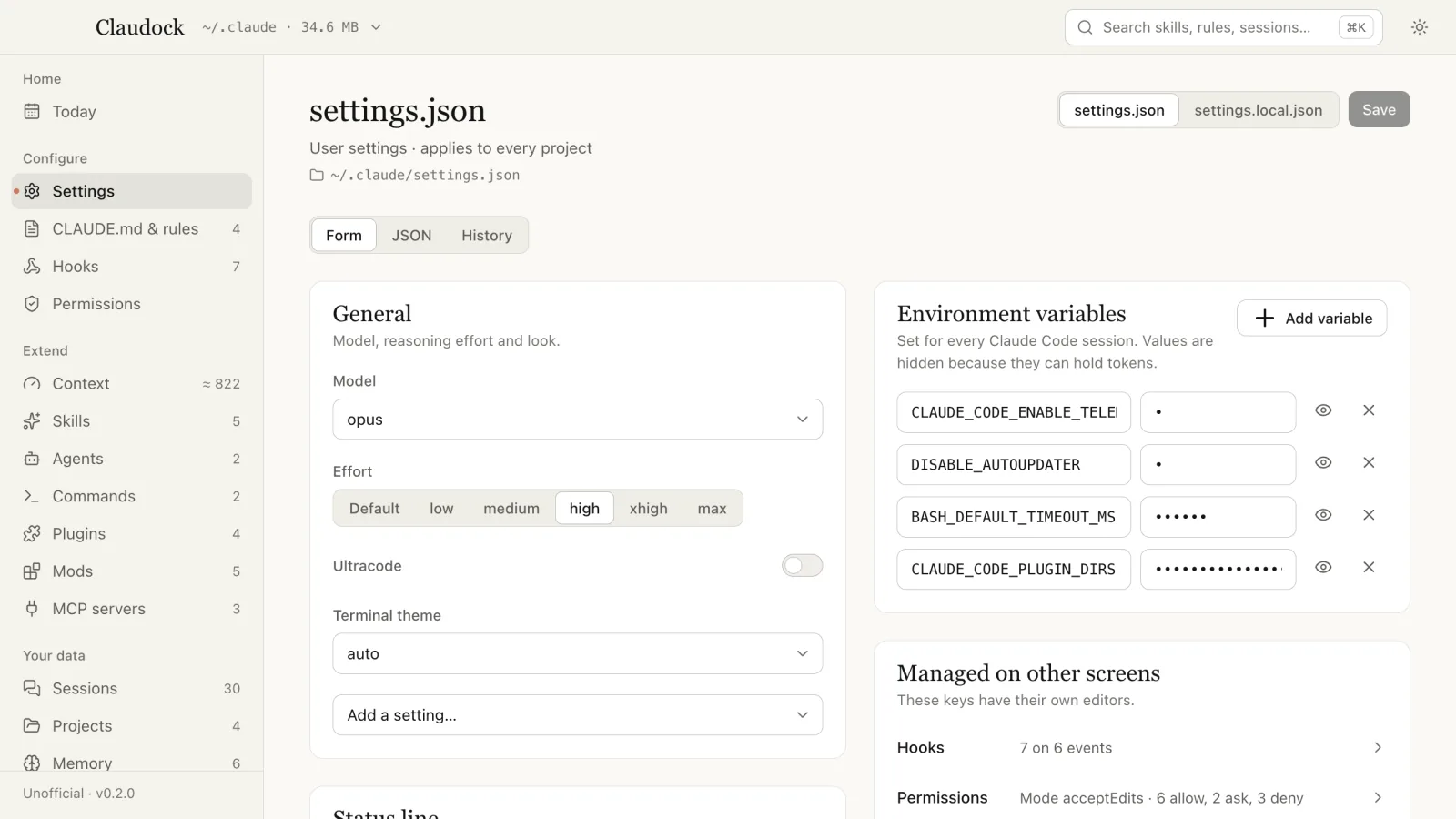 Settings: settings.json as a form, with JSON and History tabs
