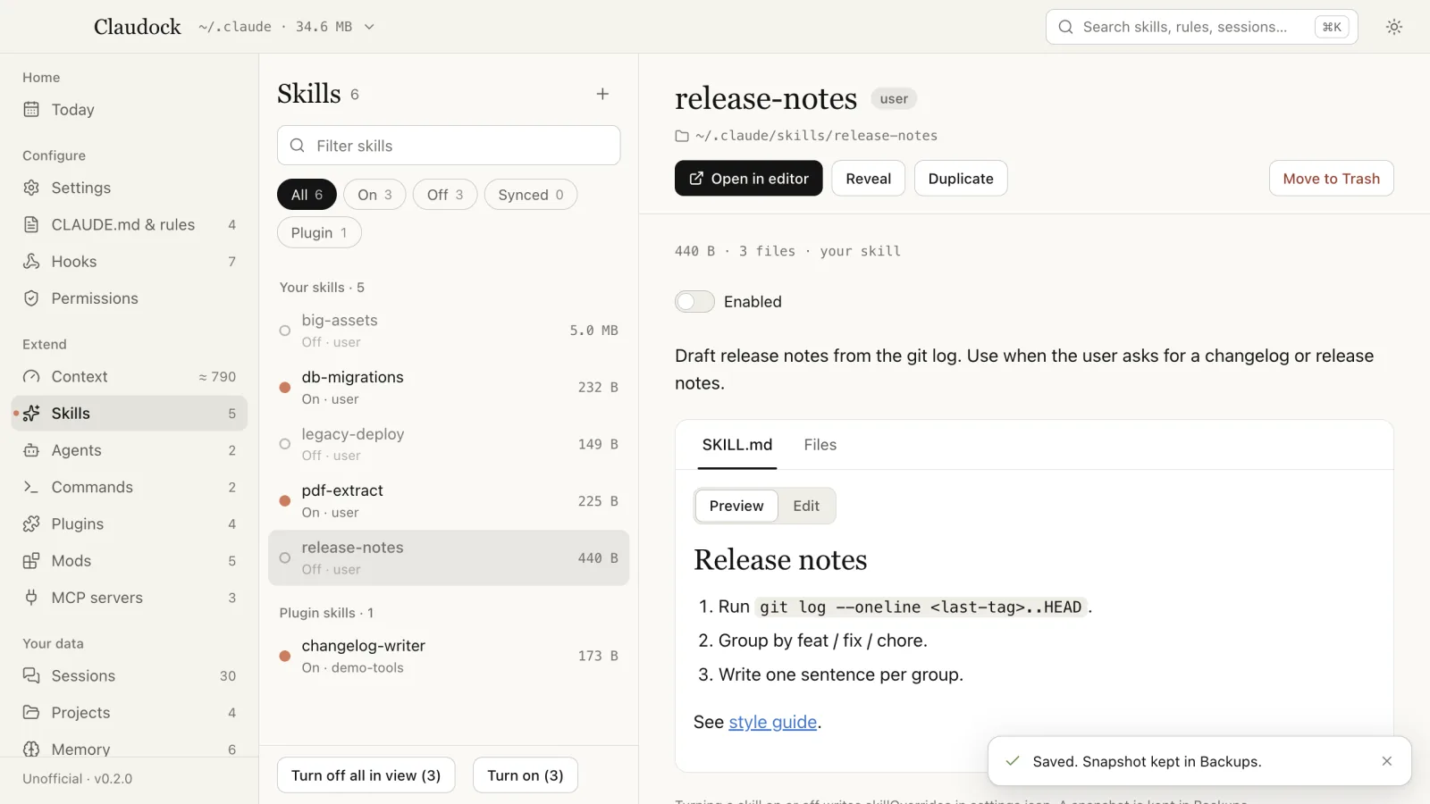 Skills: a list with on and off states and the selected skill's SKILL.md
