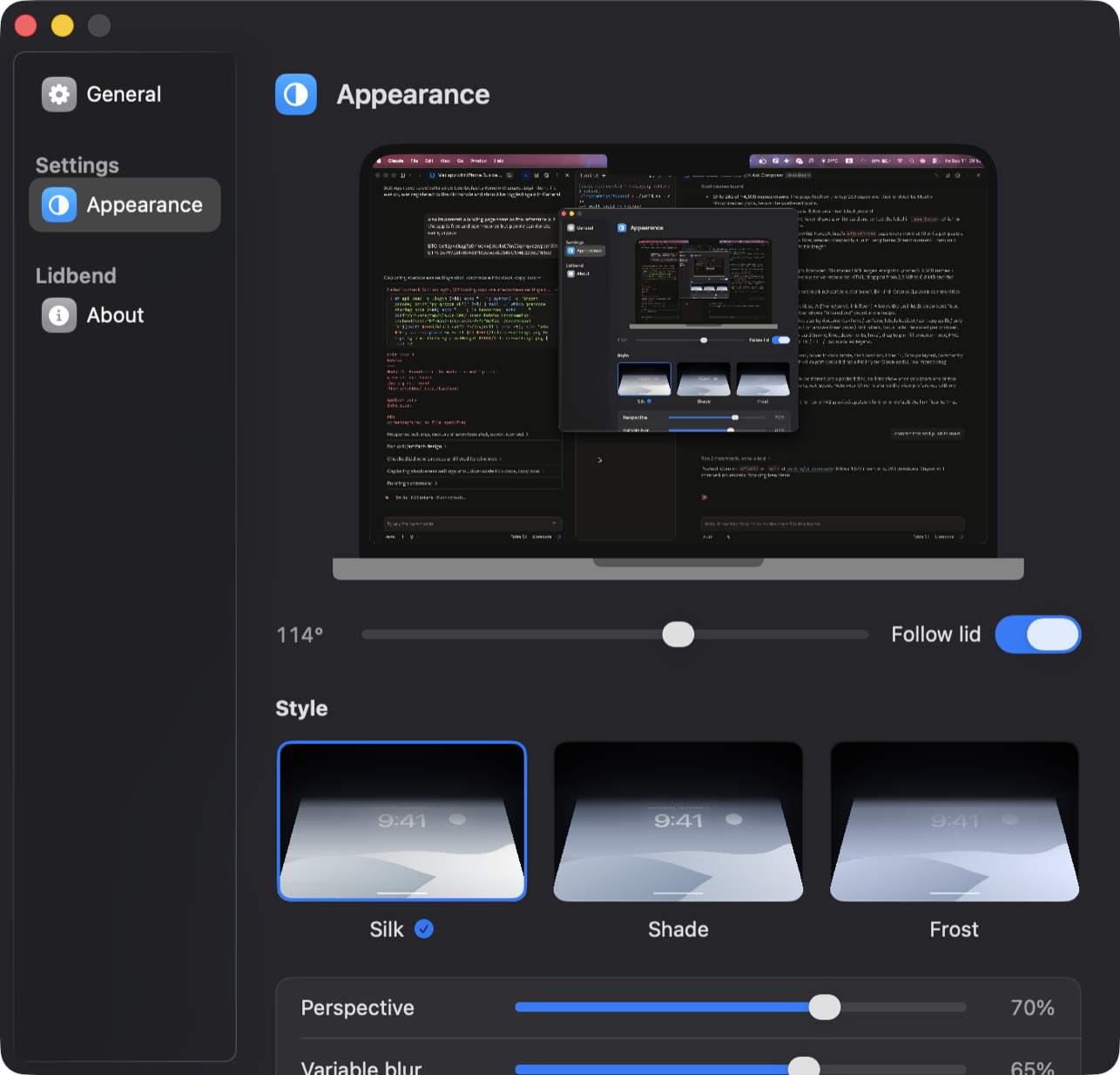 Lidbend's Appearance settings: a live MacBook preview, a lid angle slider with a Follow lid switch, Silk, Shade and Frost style cards, and perspective, blur and shadow sliders.